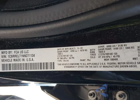 2022 Ram 1500 Rebel 4X2 5'7 Box from USA, damaged, VIN 1C6RRELT1NN271134